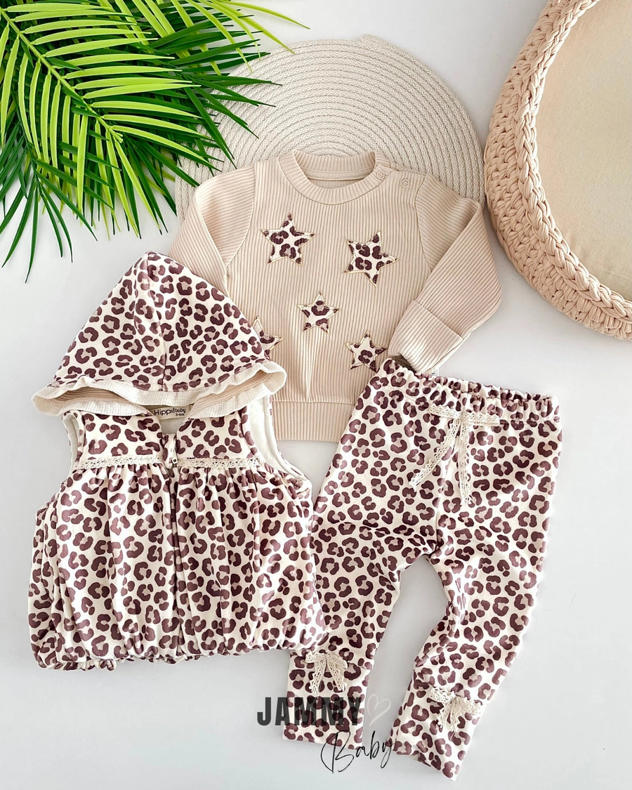 Stars Leopard Puffer Vest Suit-BEIGE