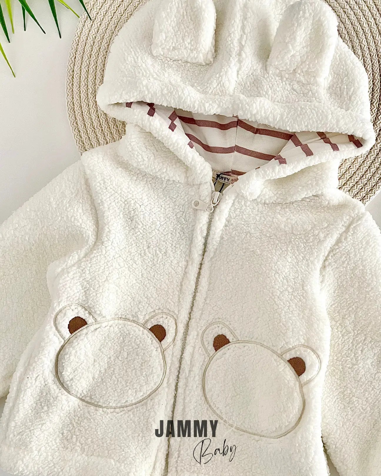 Boobo Hooded Zippered Plush Coat-OFF WHITE