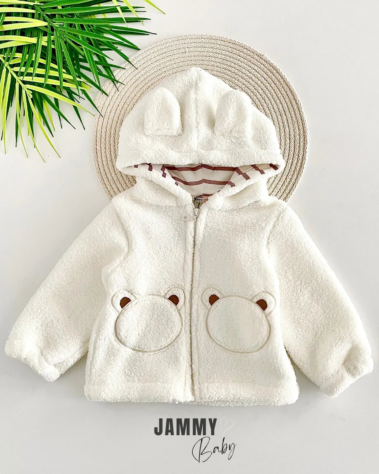 Boobo Hooded Zippered Plush Coat-OFF WHITE