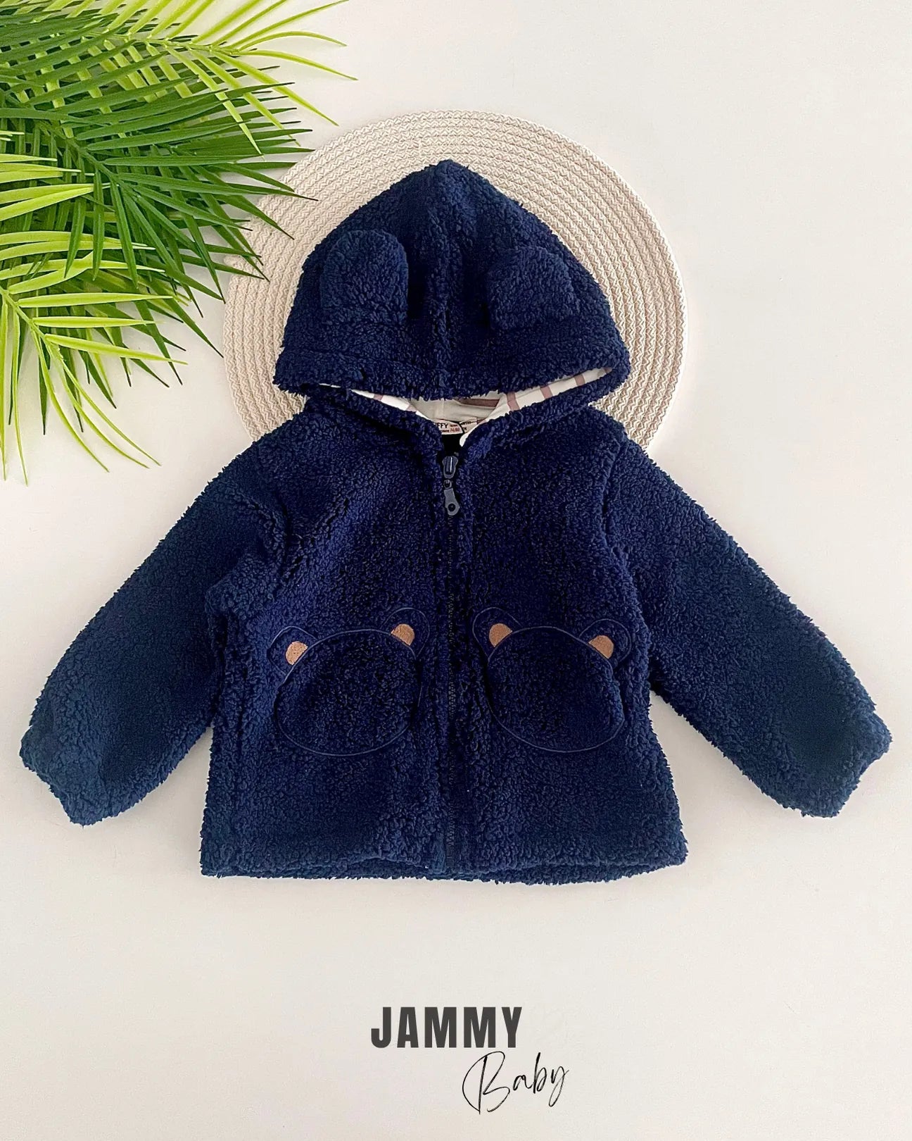 Boobo Hooded Zippered Plush Coat-NAVY BLUE