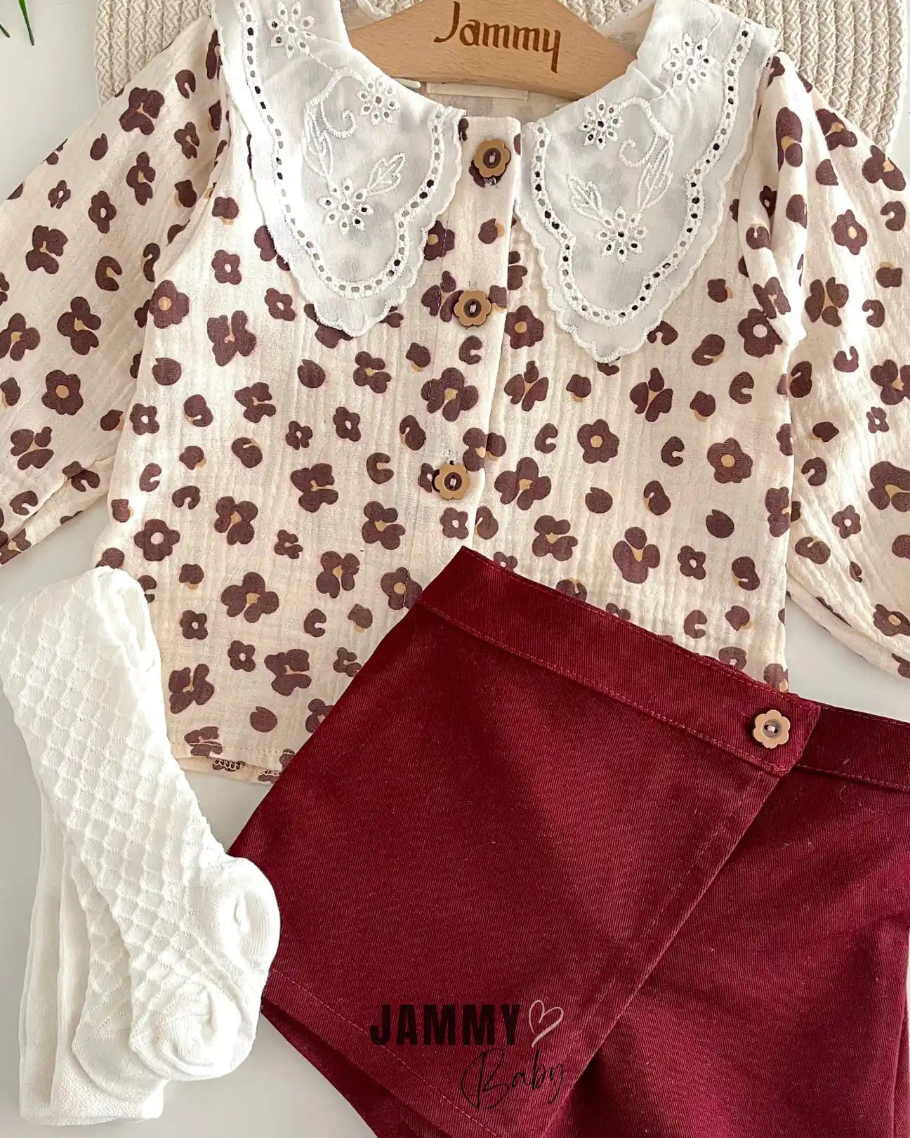 Sisa Leopard Shirt / Shorts Skirt Socks Set-CLARET RED