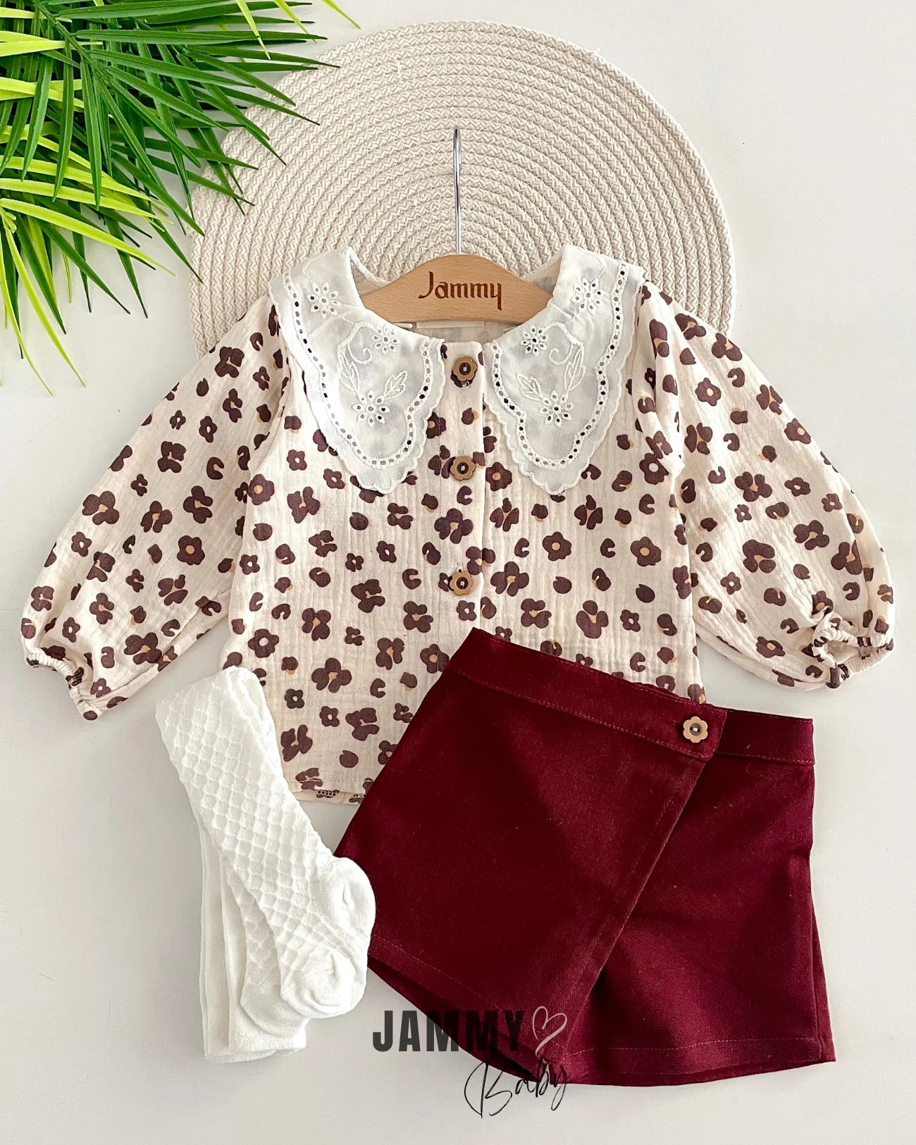 Sisa Leopard Shirt / Shorts Skirt Socks Set-CLARET RED