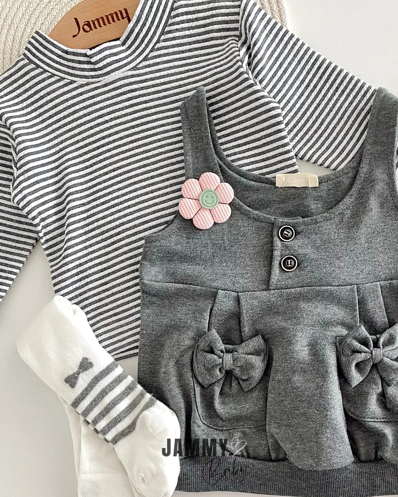 Daisy Bow Pocket Dress / Bodysuit and Socks Set- ANTHRACITE