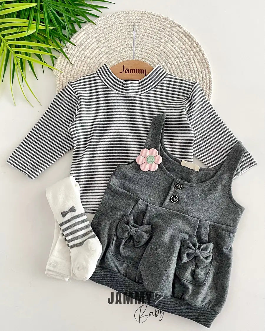 Daisy Bow Pocket Dress / Bodysuit and Socks Set- ANTHRACITE