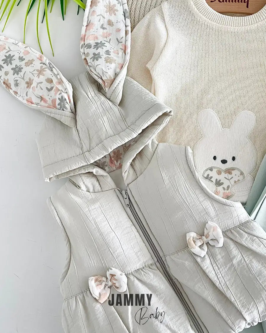Floral Rabbit Eared Puffer Vest / Body Suit-MINT GREEN