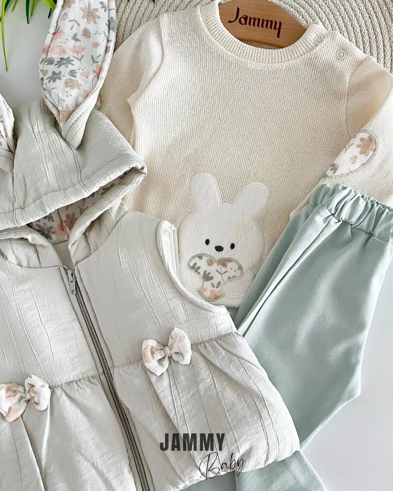 Floral Rabbit Eared Puffer Vest / Body Suit-MINT GREEN