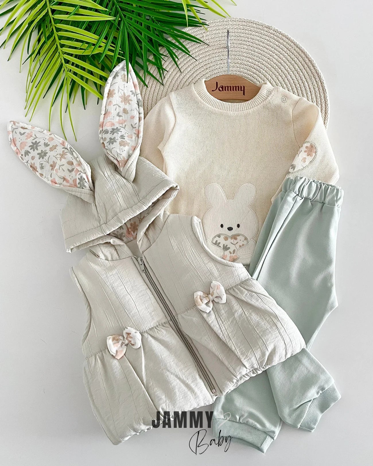 Floral Rabbit Eared Puffer Vest / Body Suit-MINT GREEN