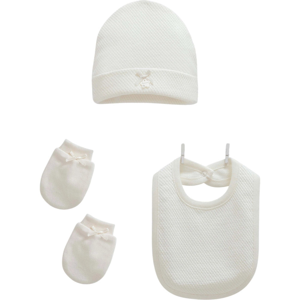 Love Feel Hat + Mittens + Bib Set - White