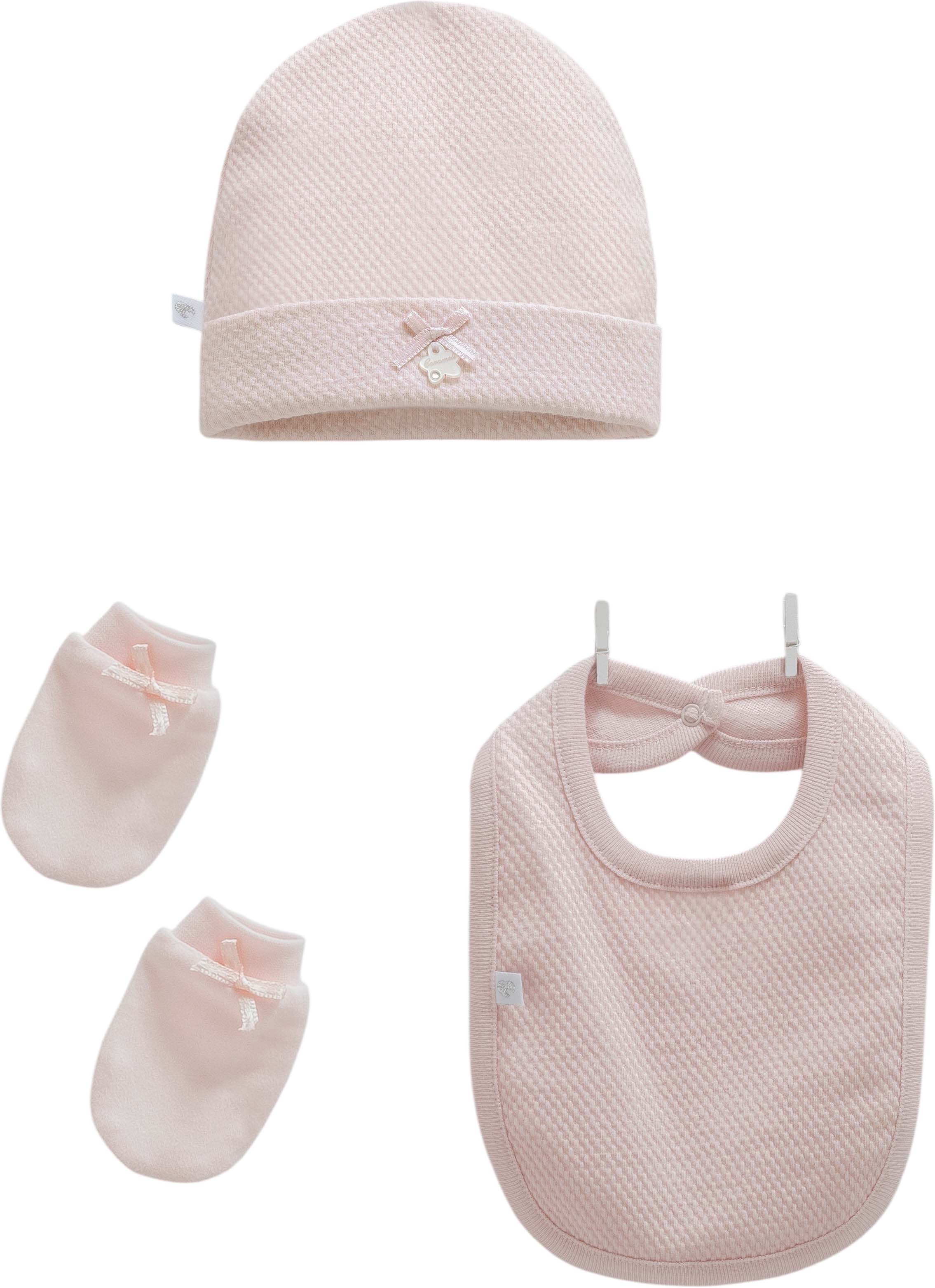 Love Feel Hat + Mittens + Bib Set - Pink