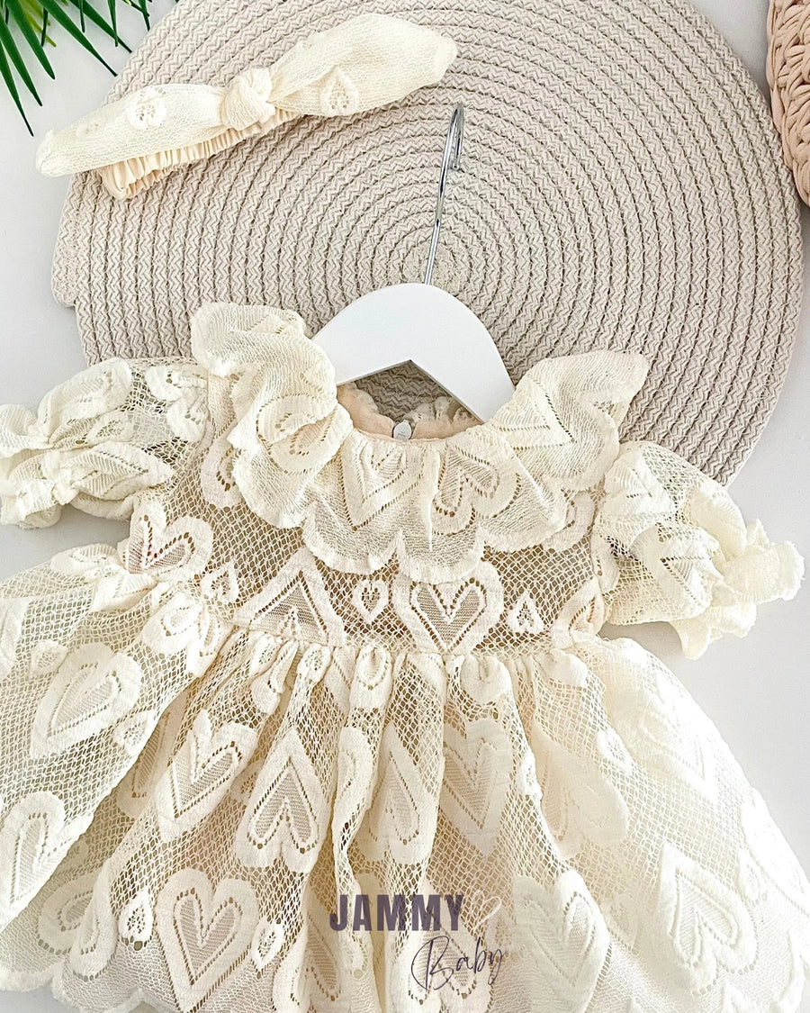 Jessica Heart Patterned Short Sleeve Bodysuit Dress - CREAM