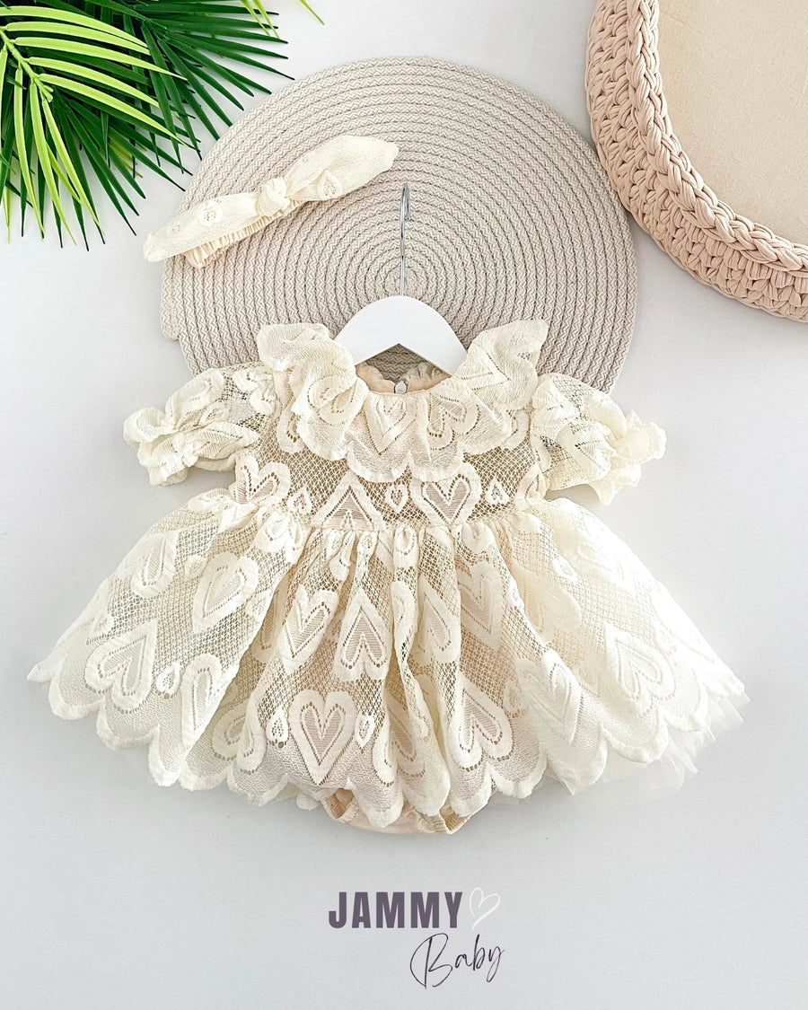 Jessica Heart Patterned Short Sleeve Bodysuit Dress - CREAM