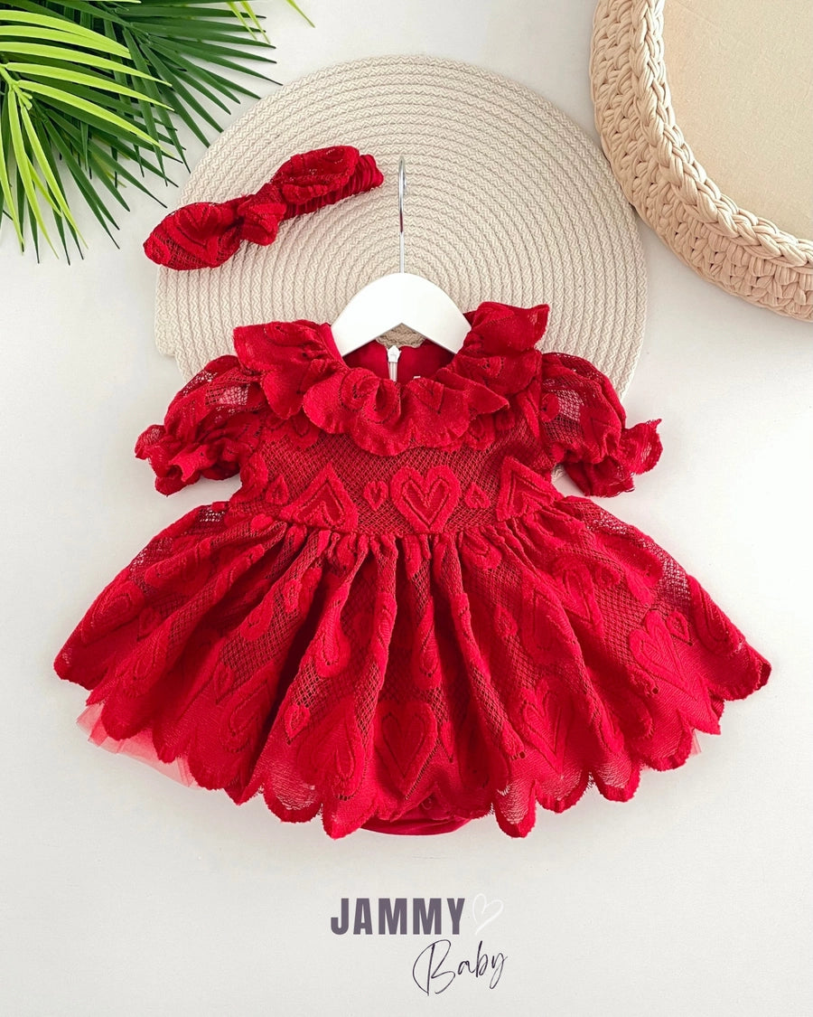 Jessica Heart Patterned Short Sleeve Bodysuit Dress - RED