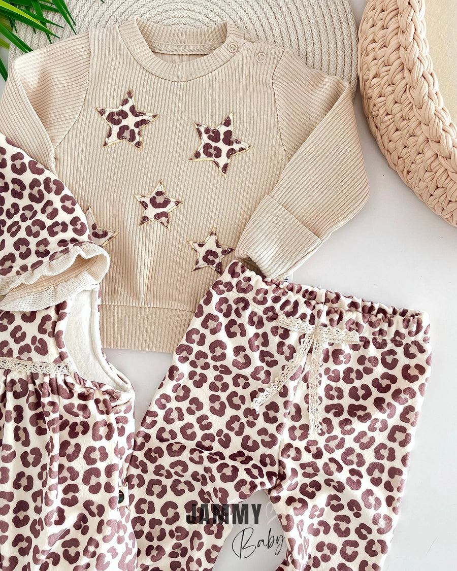 Stars Leopard Puffer Vest Suit-BEIGE