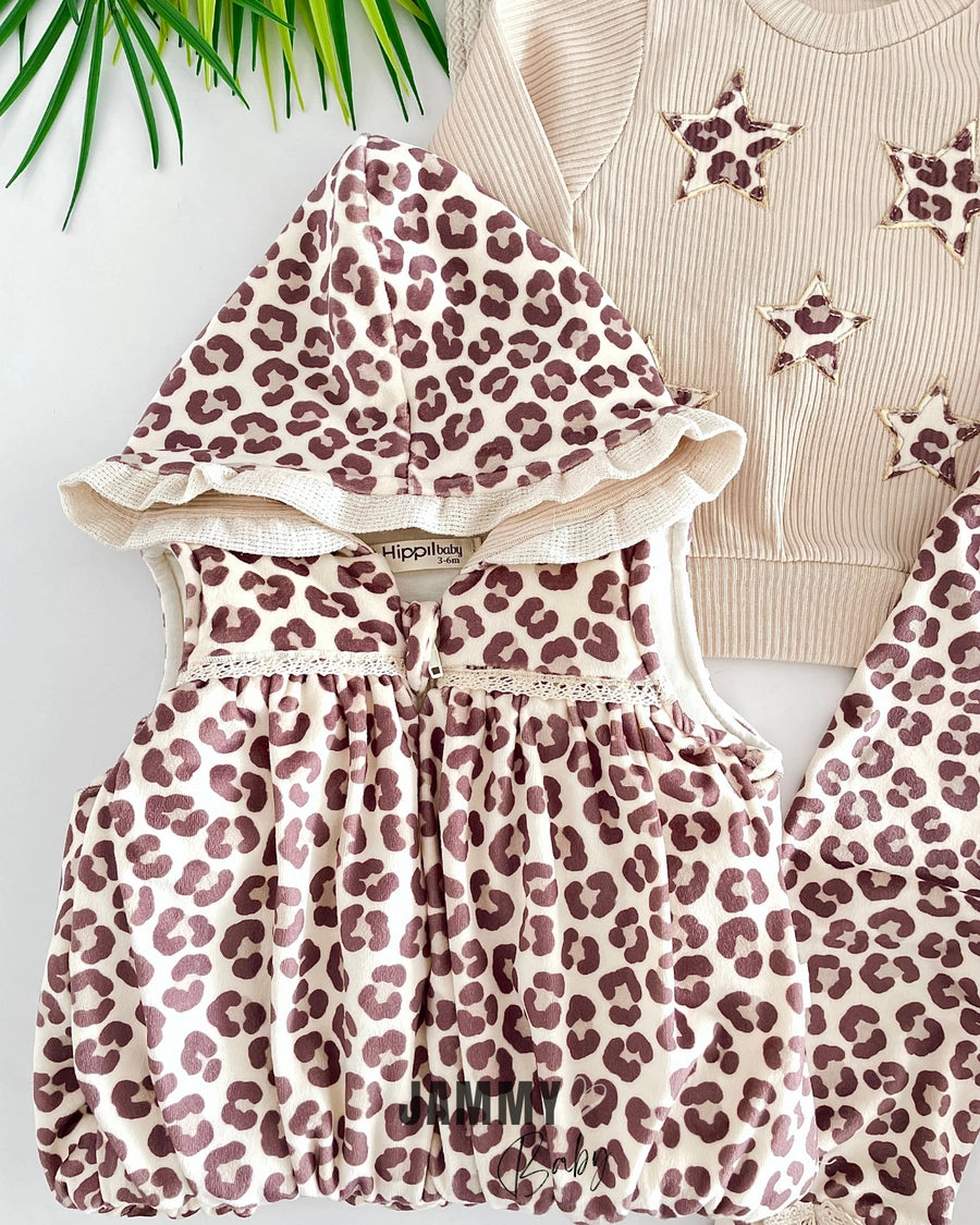 Stars Leopard Puffer Vest Suit-BEIGE