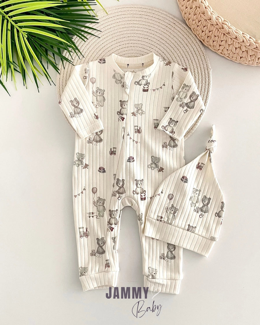 Toys Bear Ribbed Zippered Jumpsuit Set - ECRU