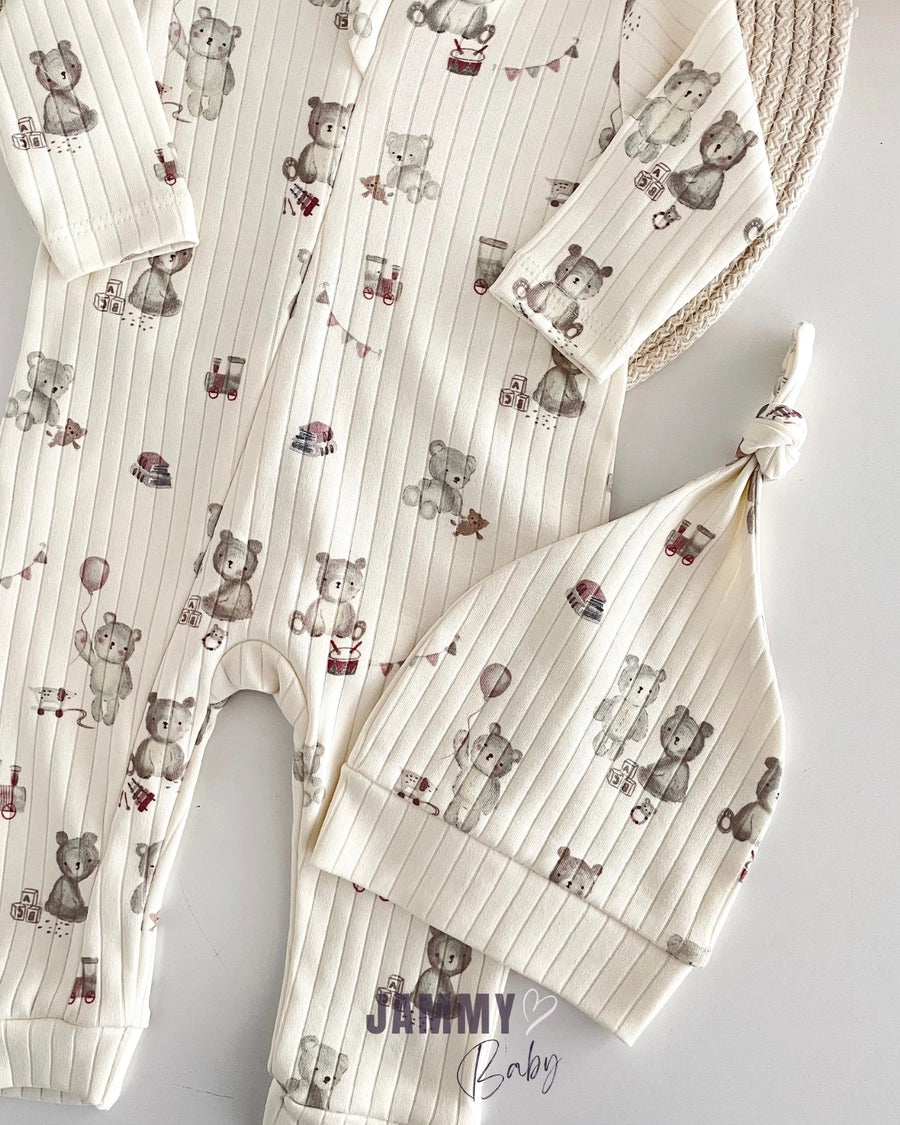 Toys Bear Ribbed Zippered Jumpsuit Set - ECRU