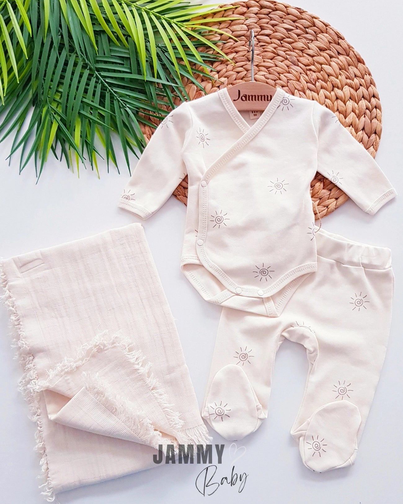 3 Piece Bodysuit Set With Muslin Blanket - Cream