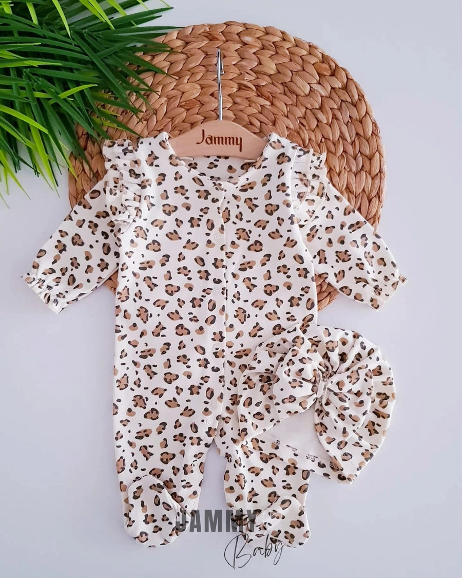 Leopard Overalls Set with Bonnet Hat- CREAM