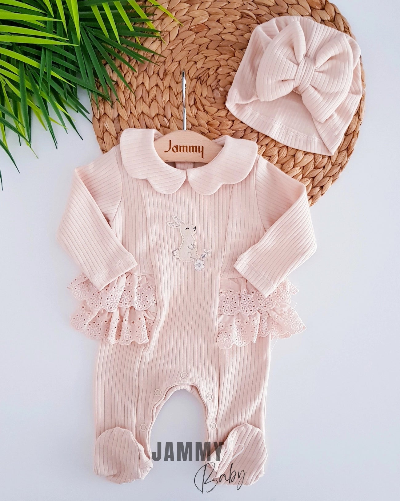 Rabbit Embroidered Lace Bonnet Jumpsuit Set - Beige