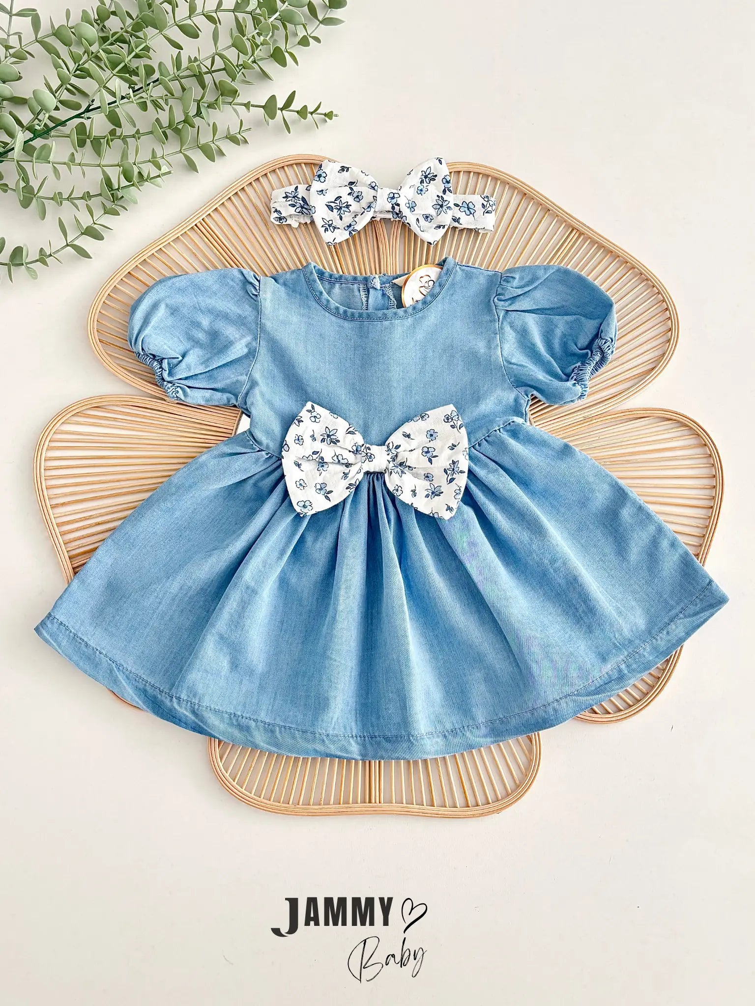 Denim Dress & Bandana Set with Floral Bow Detail - BLUE FLORAL