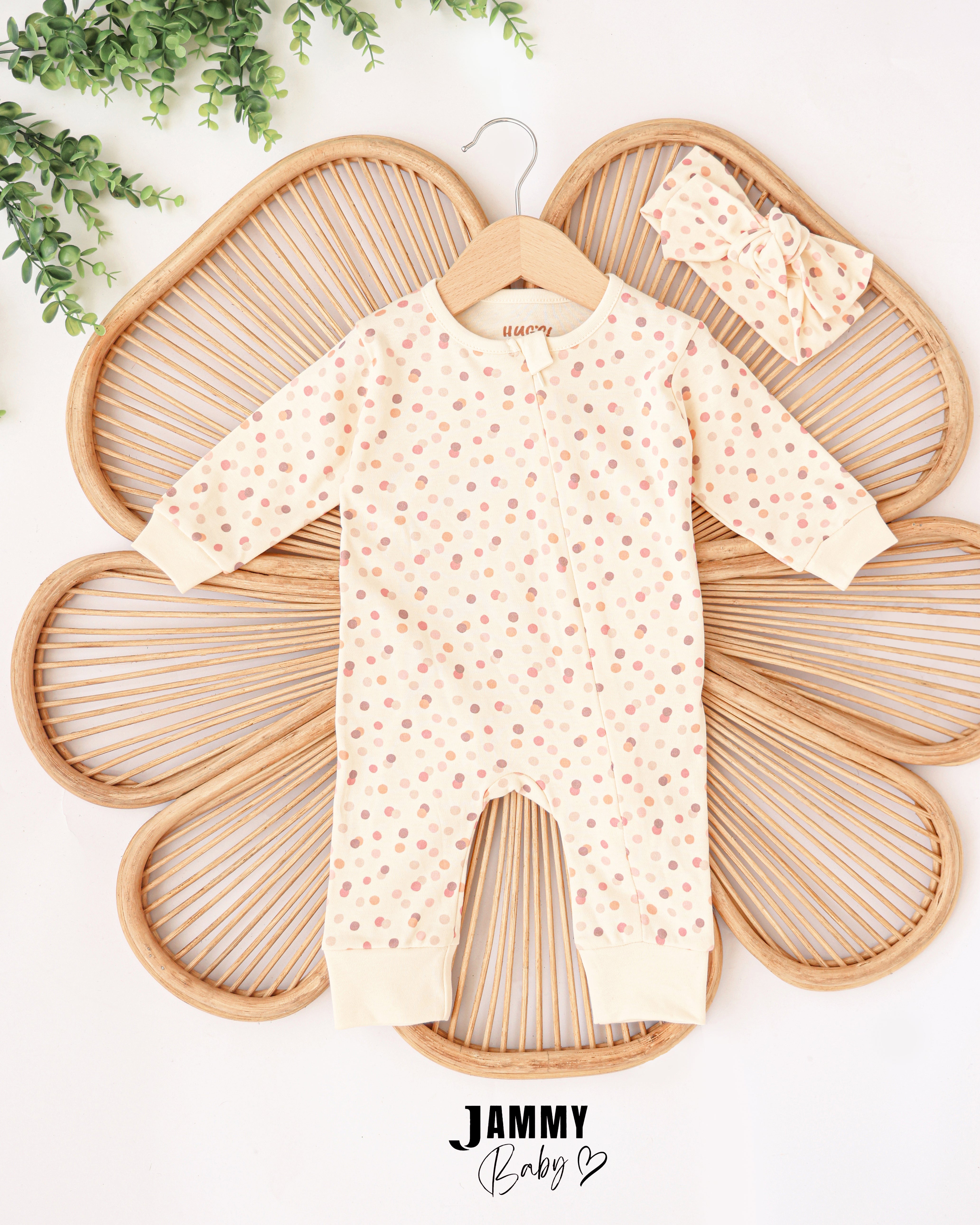 Polka Dot Baby Romper & Bow Headband Set – Cream