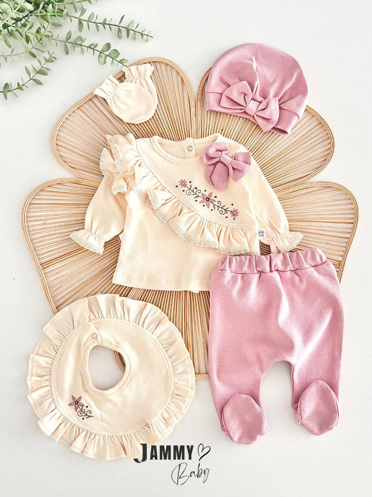Sofia Floral Embroidered Ruffle Detail 5-Piece Newborn Set - SOFT LILA