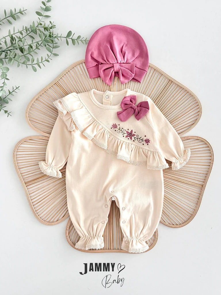 Sofia Floral Embroidered Ruffled Jumpsuit and Bow Hat Set of 2 - ROSE PINK