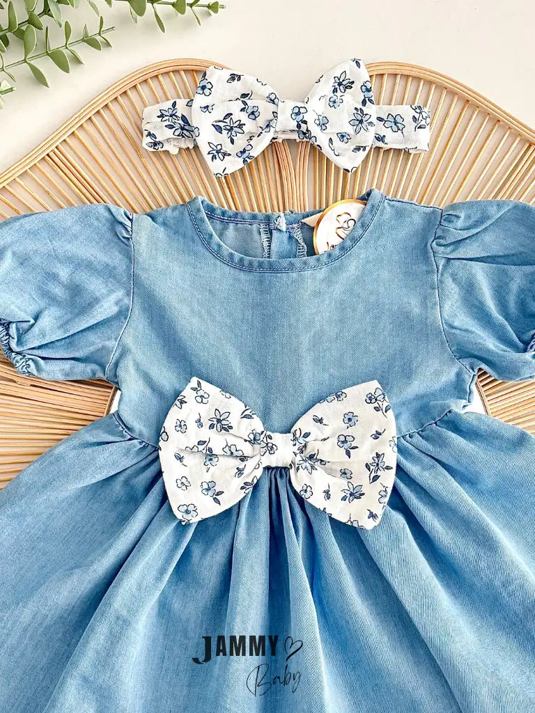 Denim Dress & Bandana Set with Floral Bow Detail - BLUE FLORAL