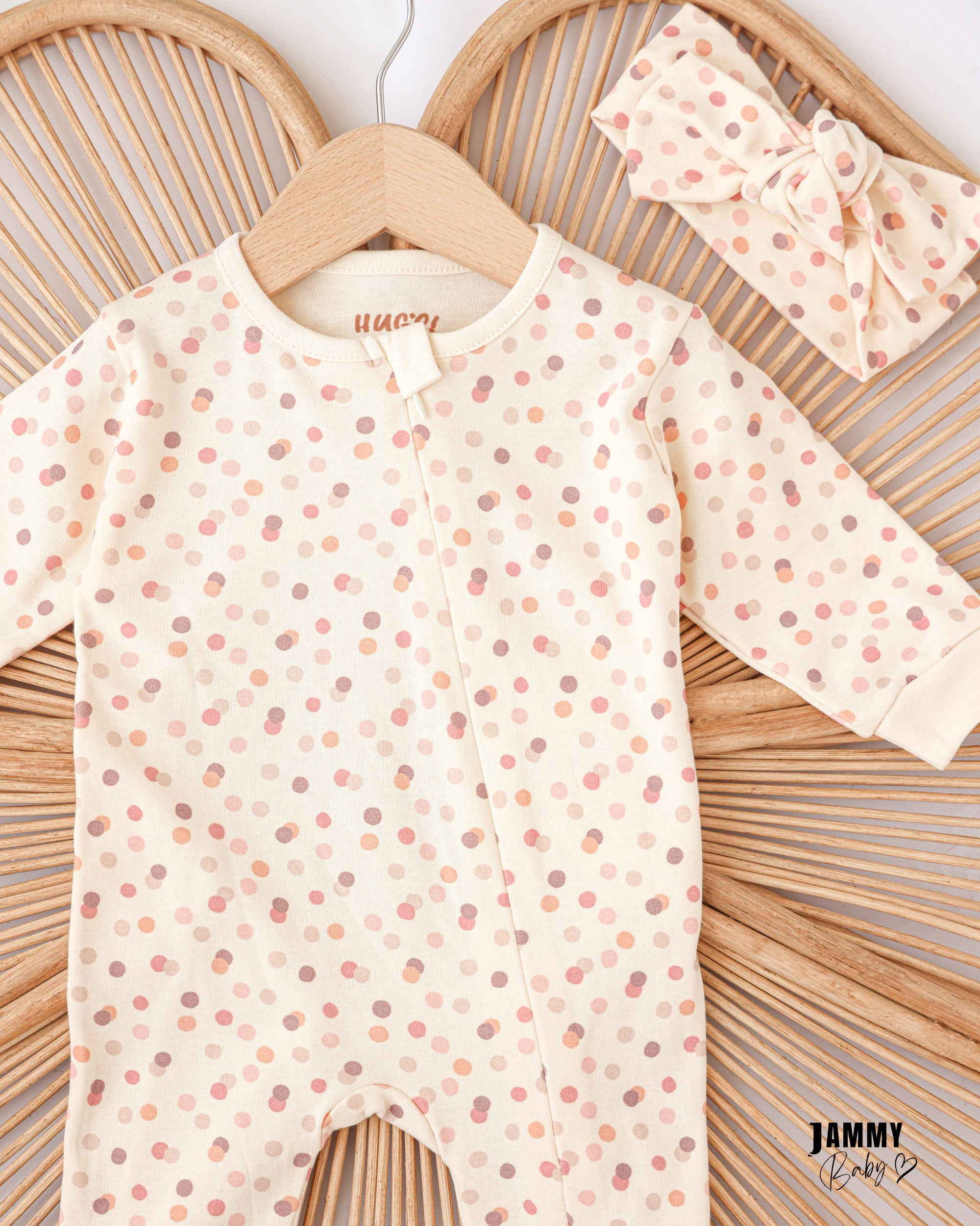 Polka Dot Baby Romper & Bow Headband Set – Cream