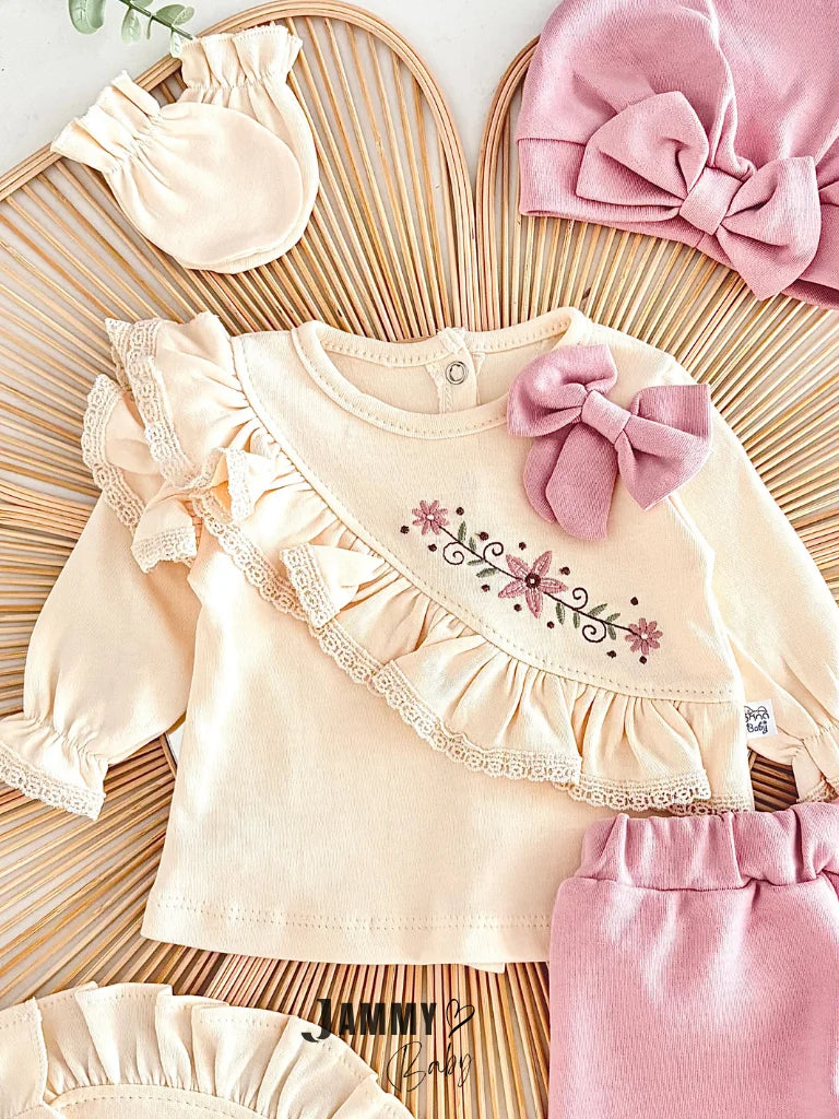 Sofia Floral Embroidered Ruffle Detail 5-Piece Newborn Set - SOFT LILA