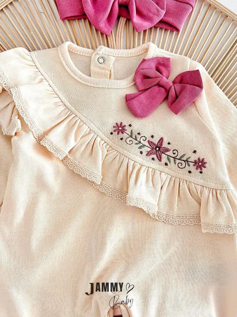 Sofia Floral Embroidered Ruffled Jumpsuit and Bow Hat Set of 2 - ROSE PINK