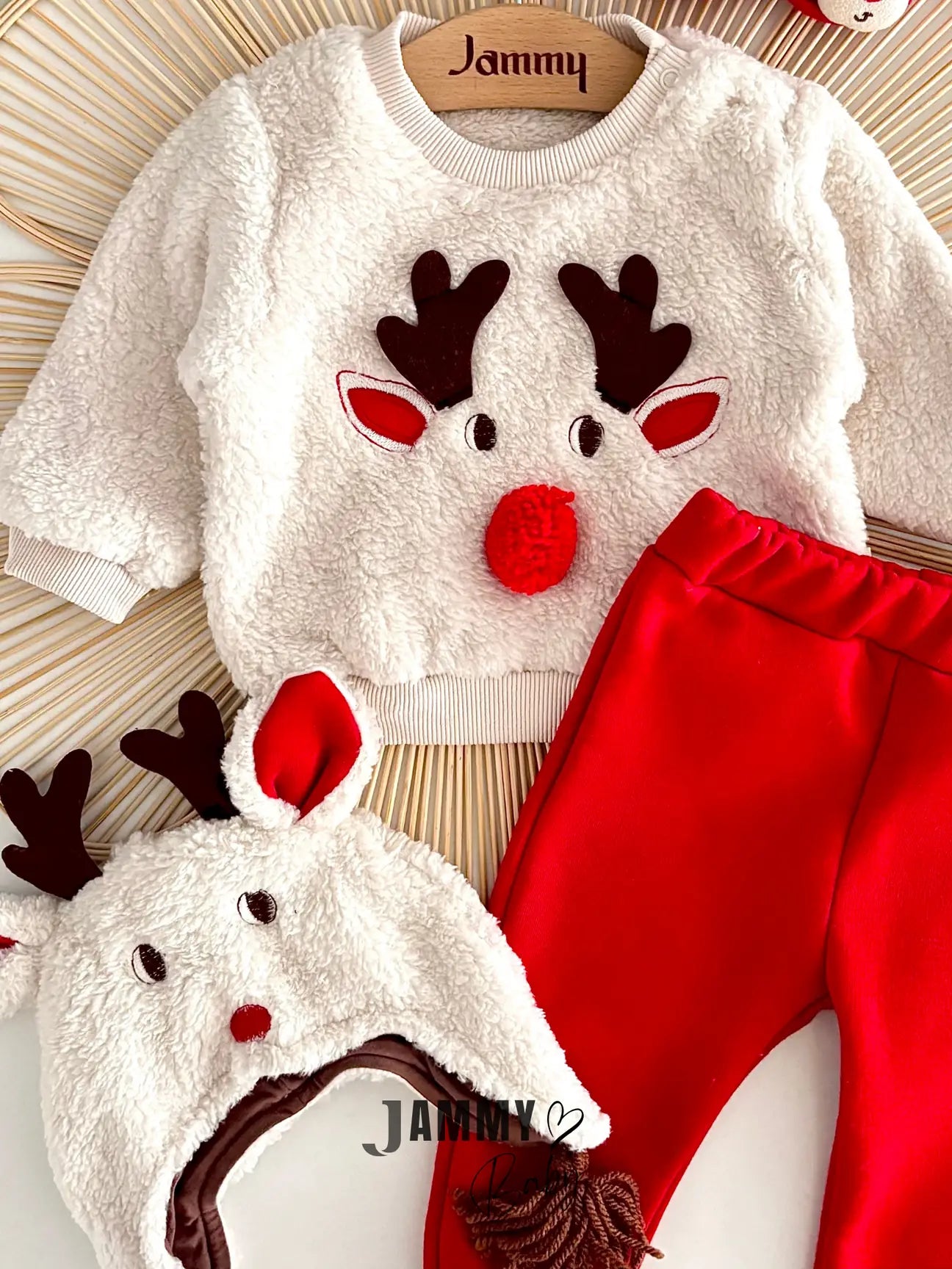 Reindeer-Themed New Year Plush Set with Hat and Booties – RED