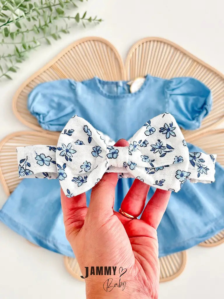 Denim Dress & Bandana Set with Floral Bow Detail - BLUE FLORAL