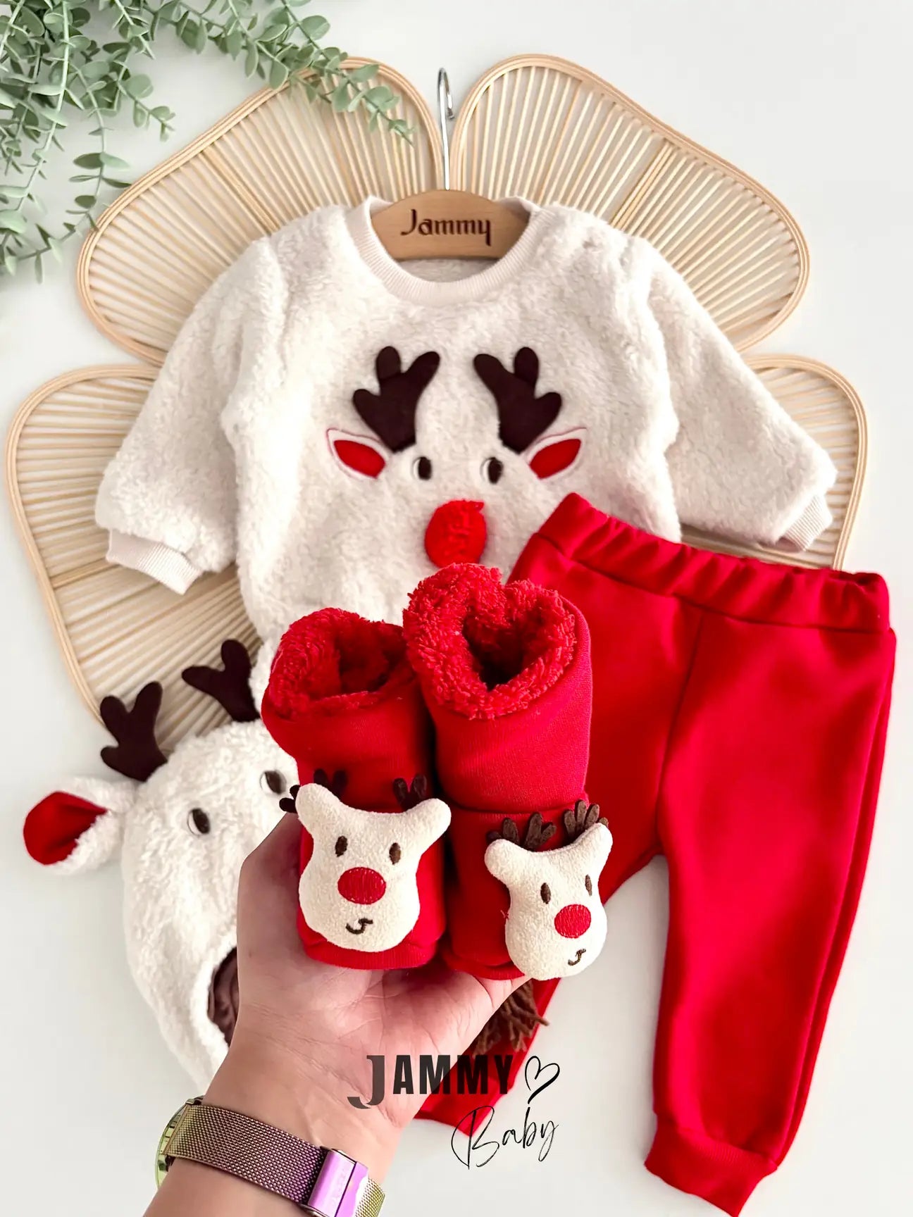 Reindeer-Themed New Year Plush Set with Hat and Booties – RED