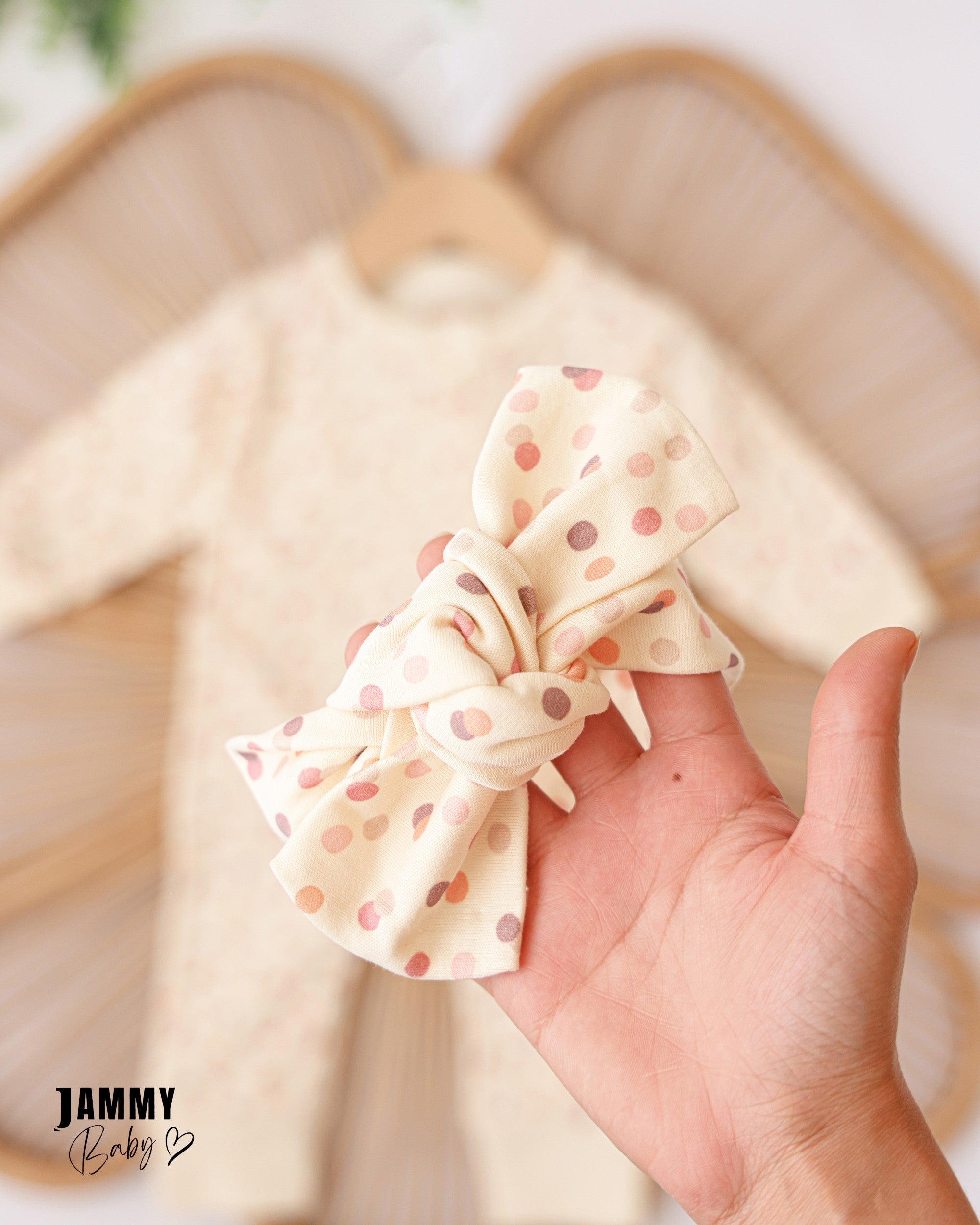 Polka Dot Baby Romper & Bow Headband Set – Cream