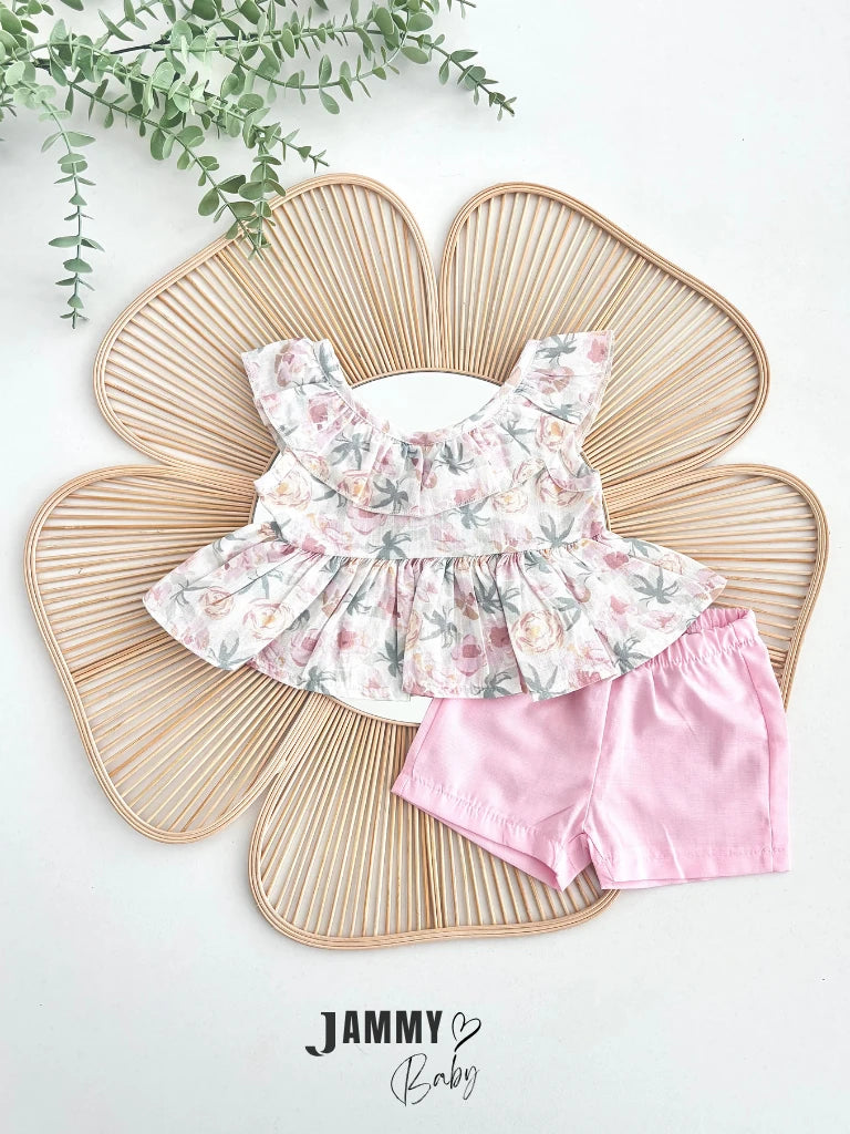 Rose Print Back Bow 2-Piece Shorts Set – Pink