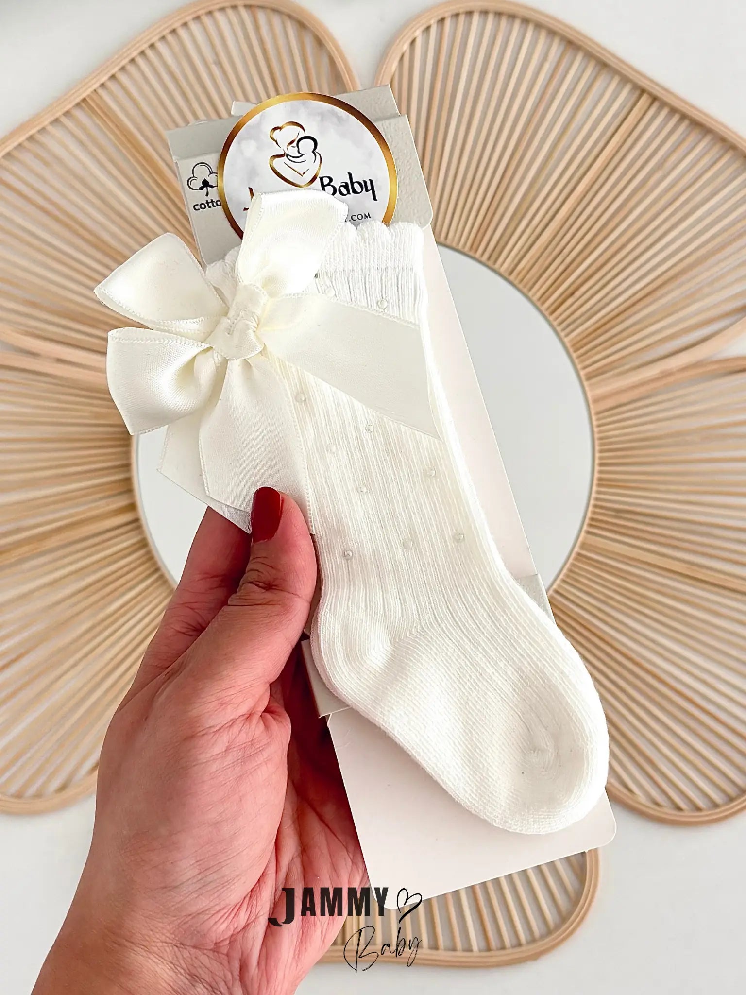 Rozali Beaded Golf Socks with Bow Detail - CREAM
