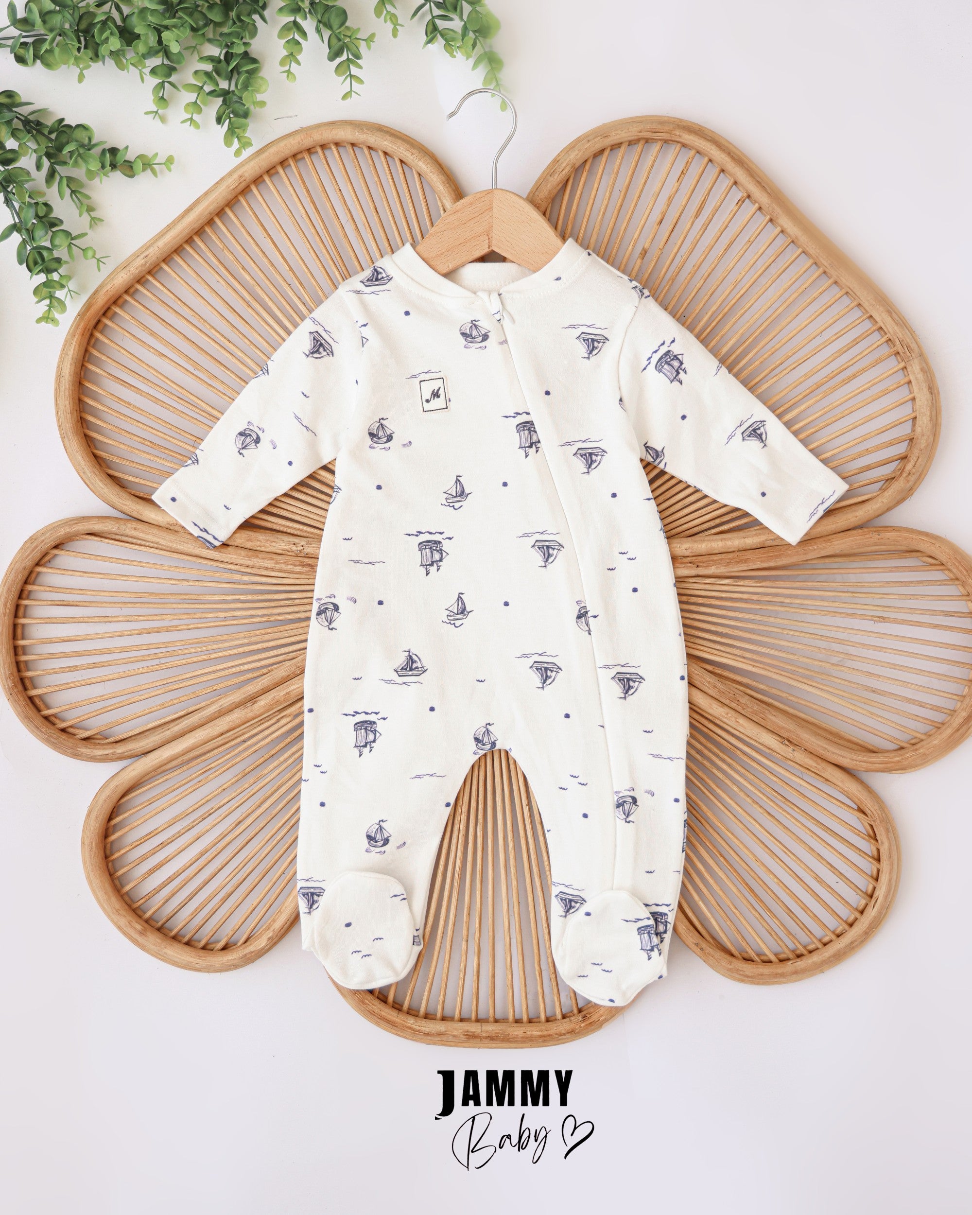 Sailboat Print Footed Baby Romper – White