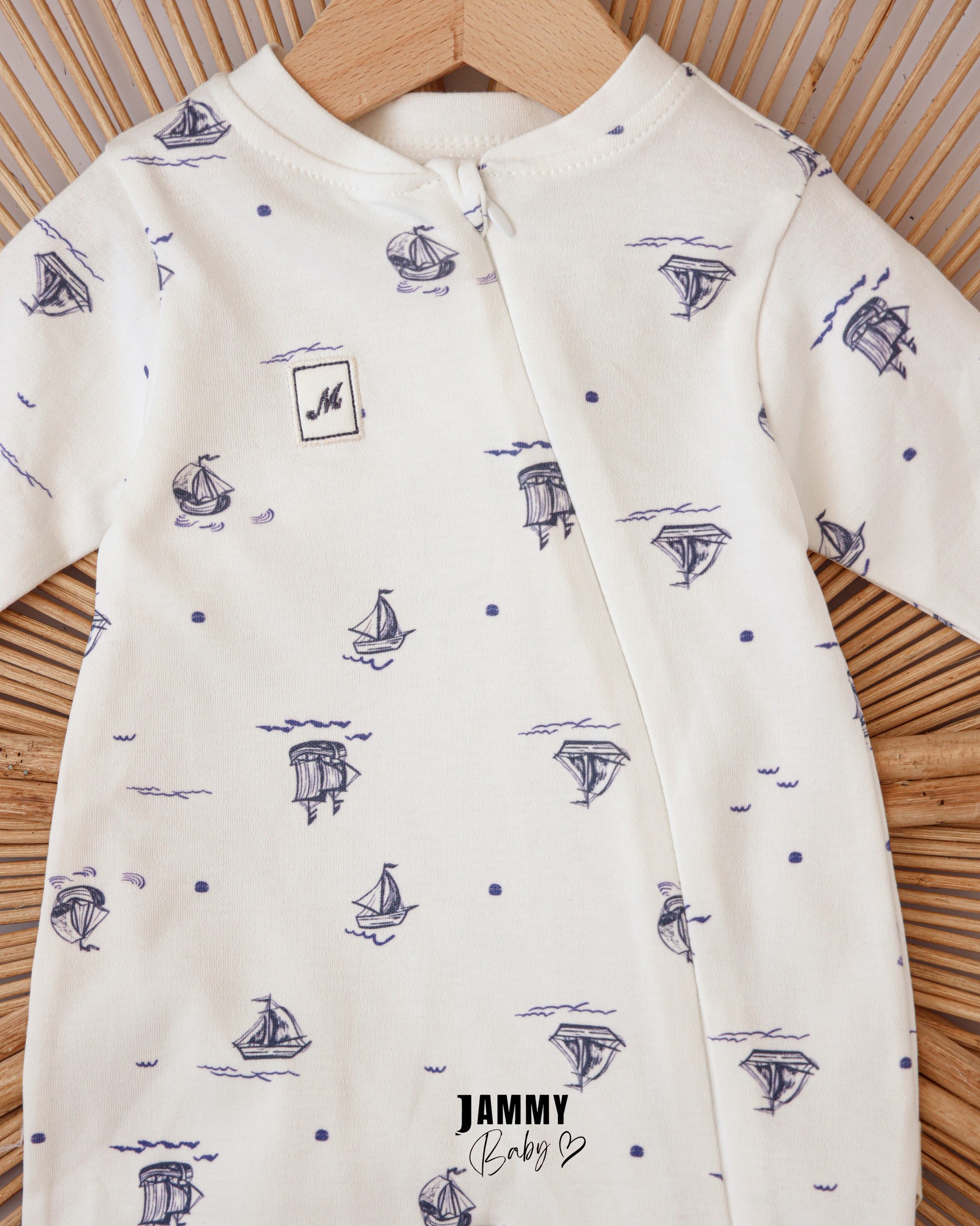 Sailboat Print Footed Baby Romper – White