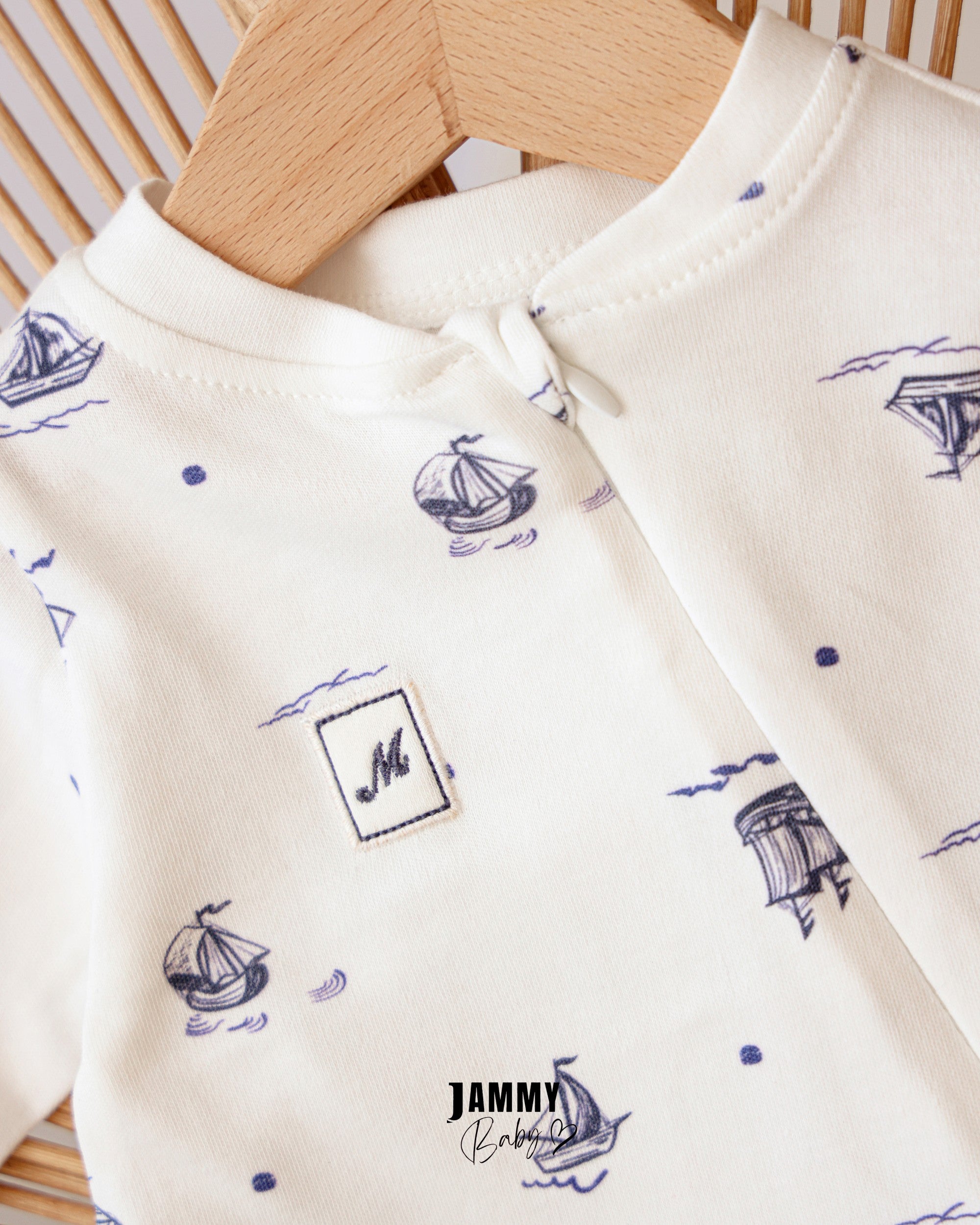 Sailboat Print Footed Baby Romper – White