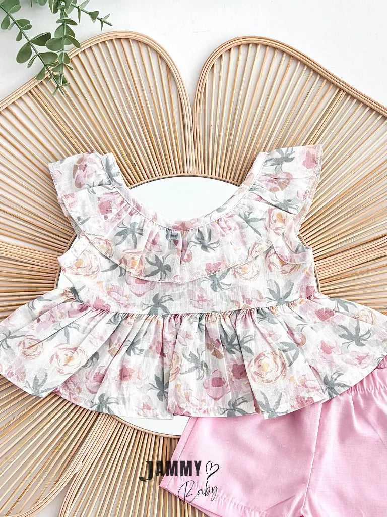 Rose Print Back Bow 2-Piece Shorts Set – Pink