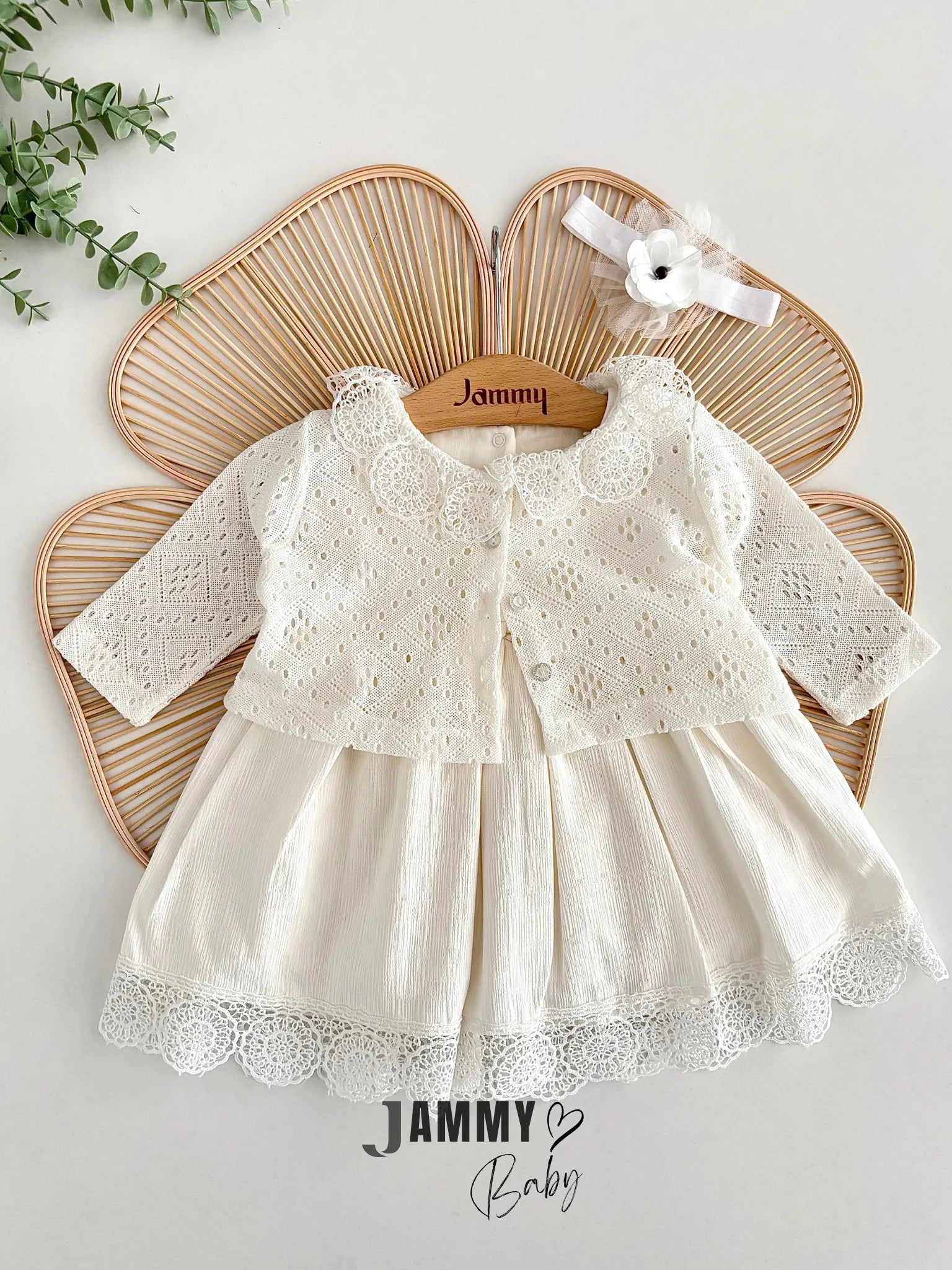 Karmen Dress Set with Cardigan and Headband – Ecru