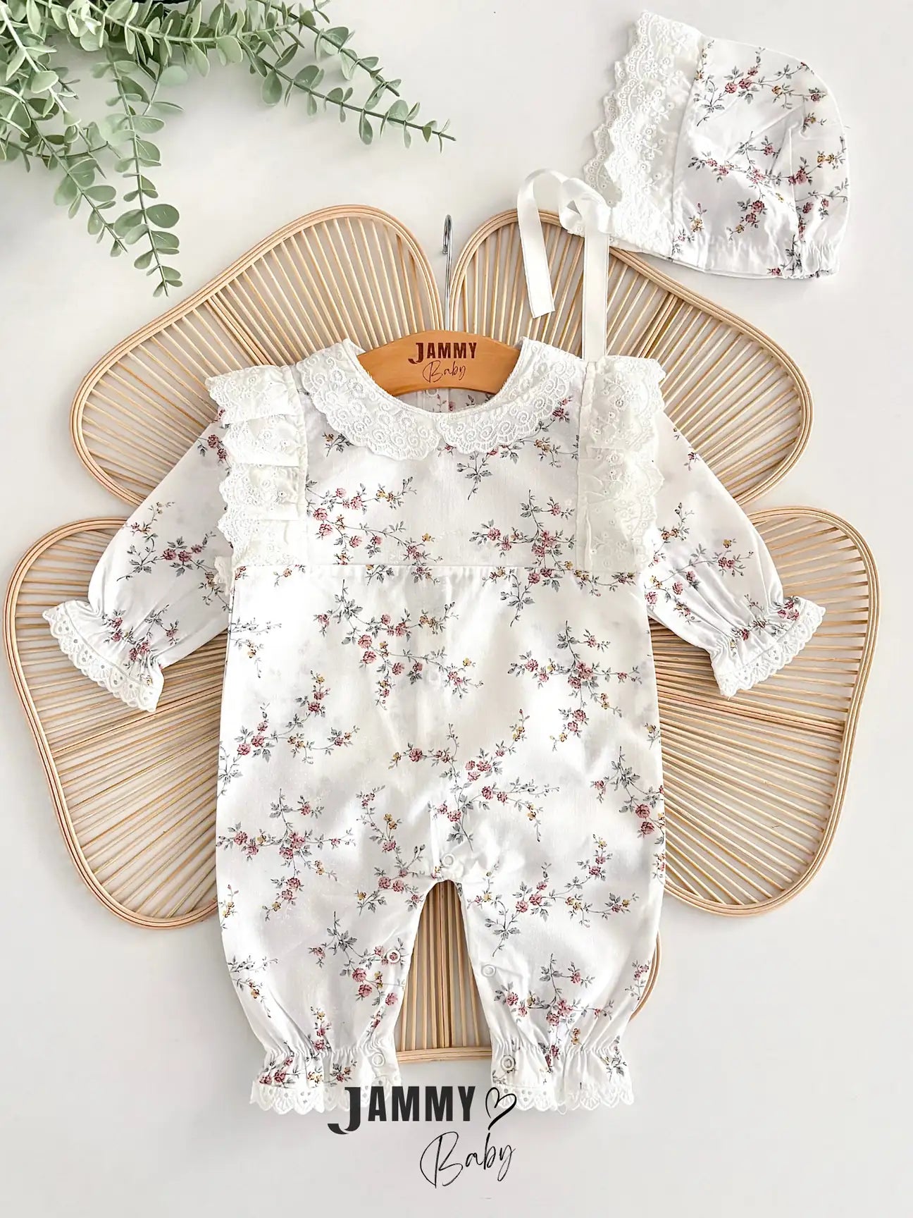 Tiny Roses Poplin Hat Romper Set - Purple Floral