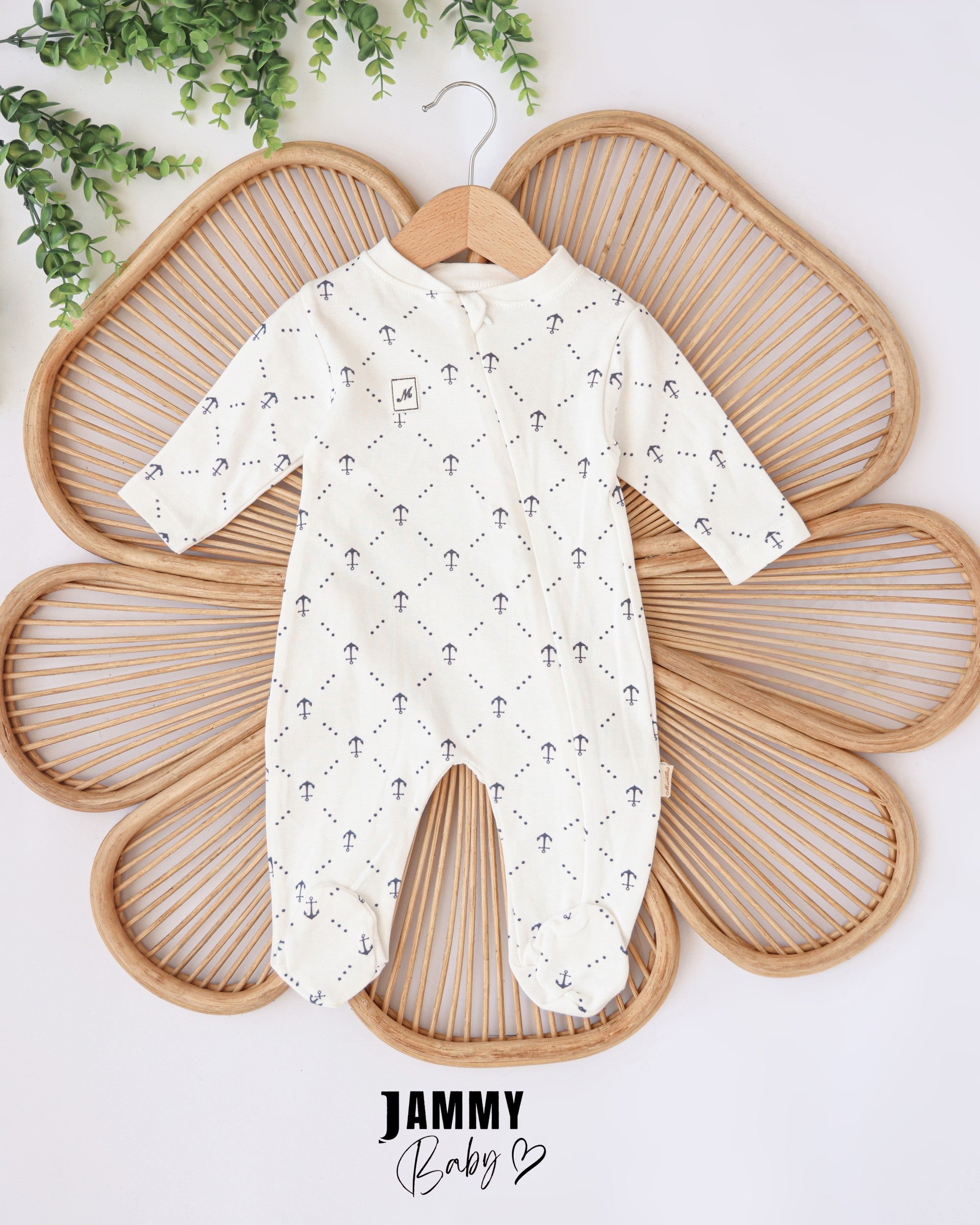 Quilted Anchor Print Footed Baby Romper – White