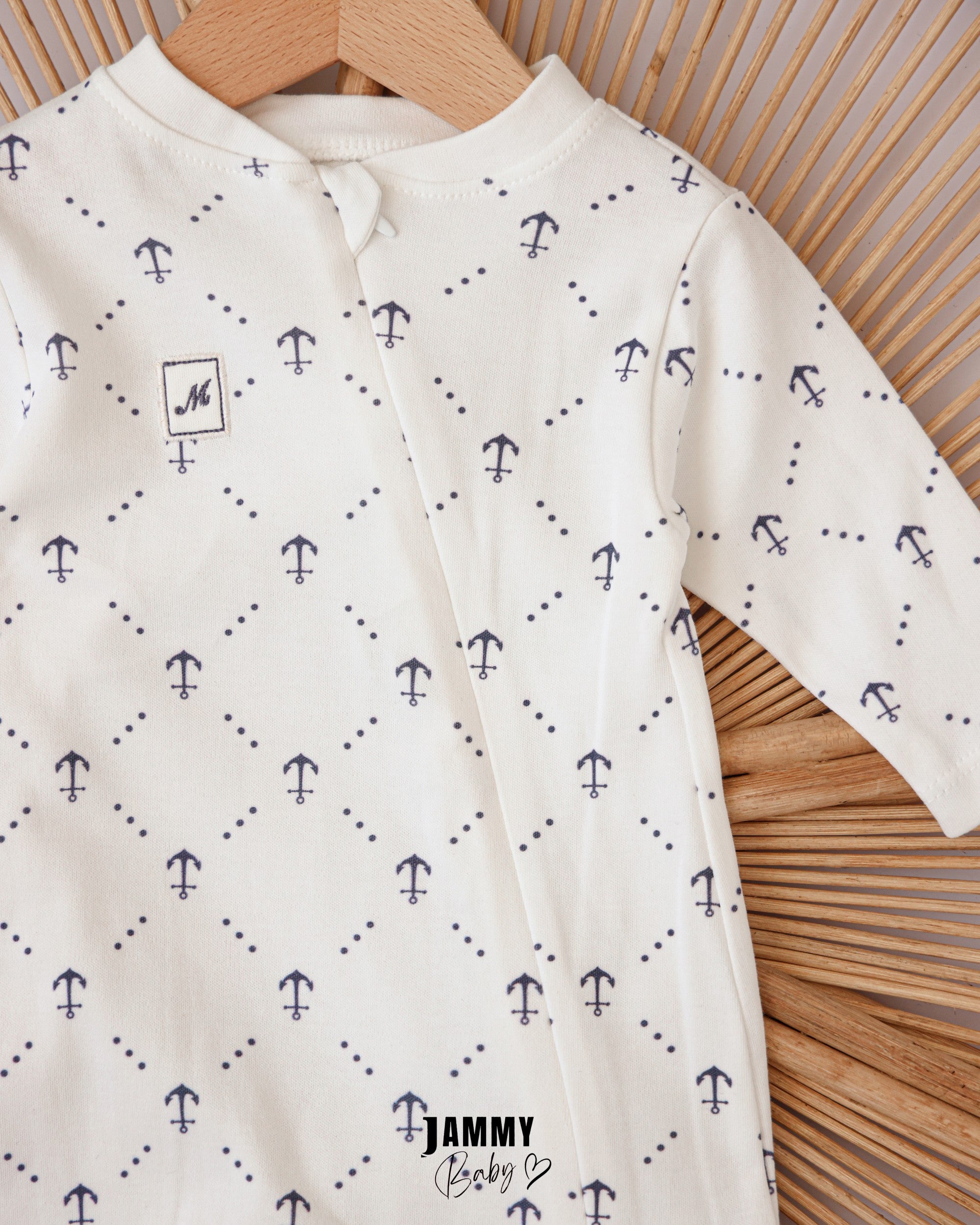 Quilted Anchor Print Footed Baby Romper – White