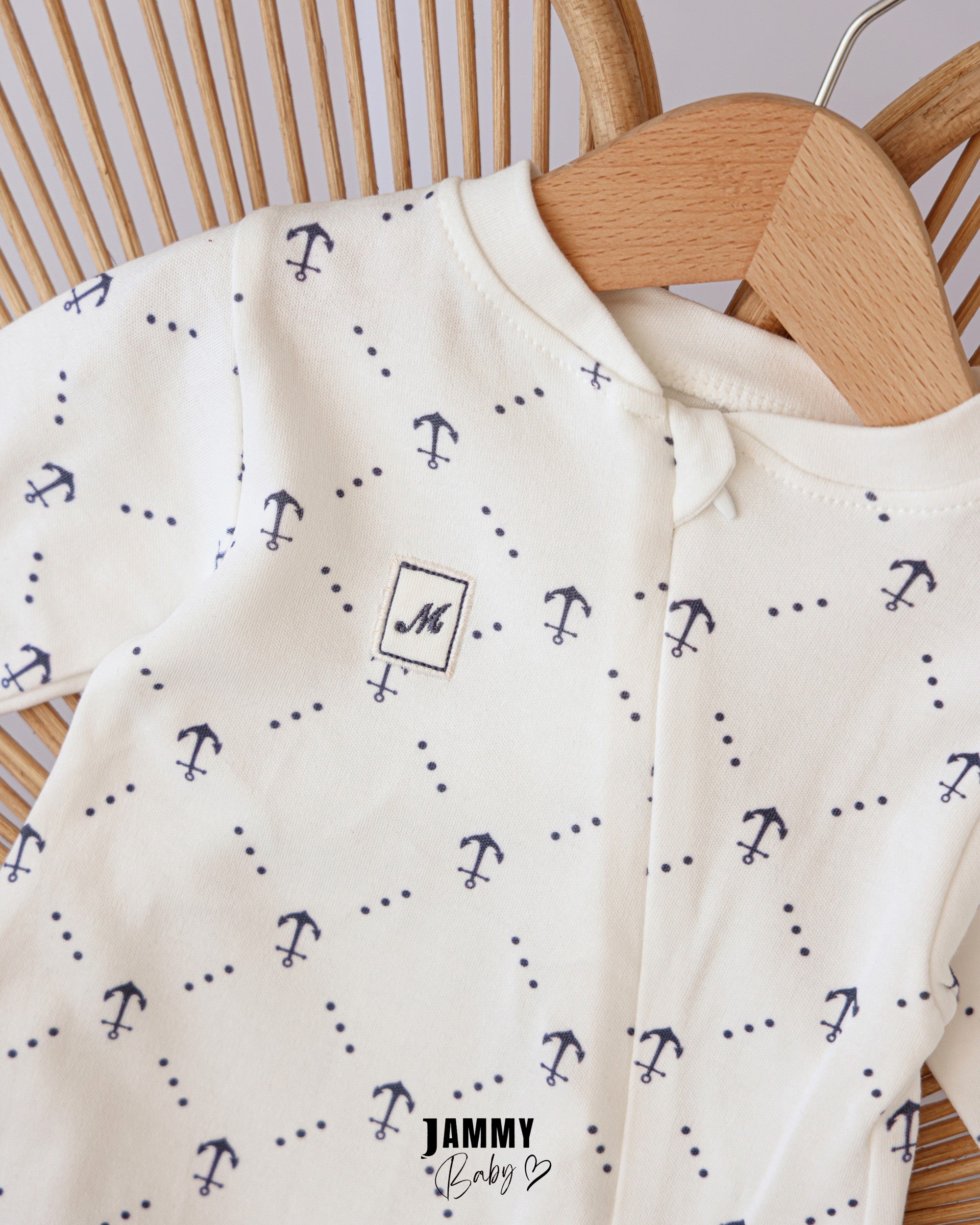 Quilted Anchor Print Footed Baby Romper – White