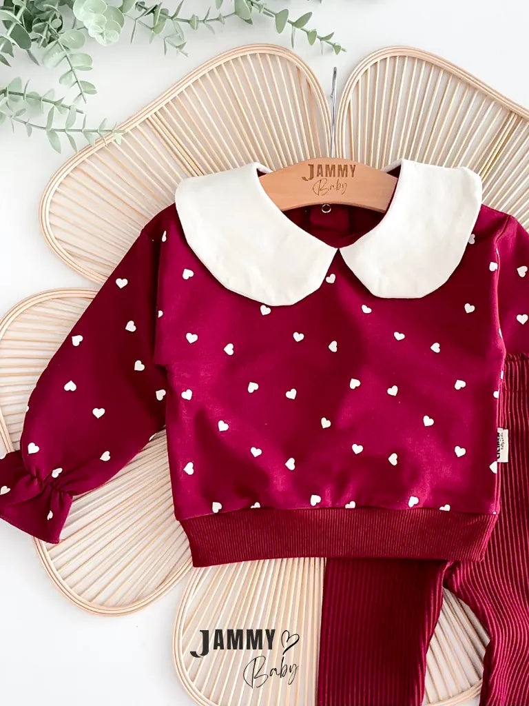 Peter Pan Collar Heart Print 2-Piece Set - Burgundy