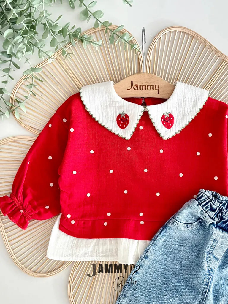 Polka-Dot Strawberry Top with Denim Pants Set – RED