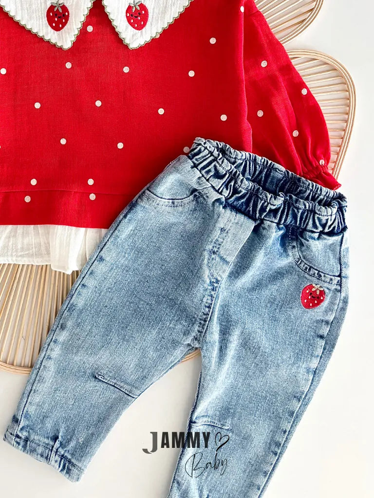 Polka-Dot Strawberry Top with Denim Pants Set – RED