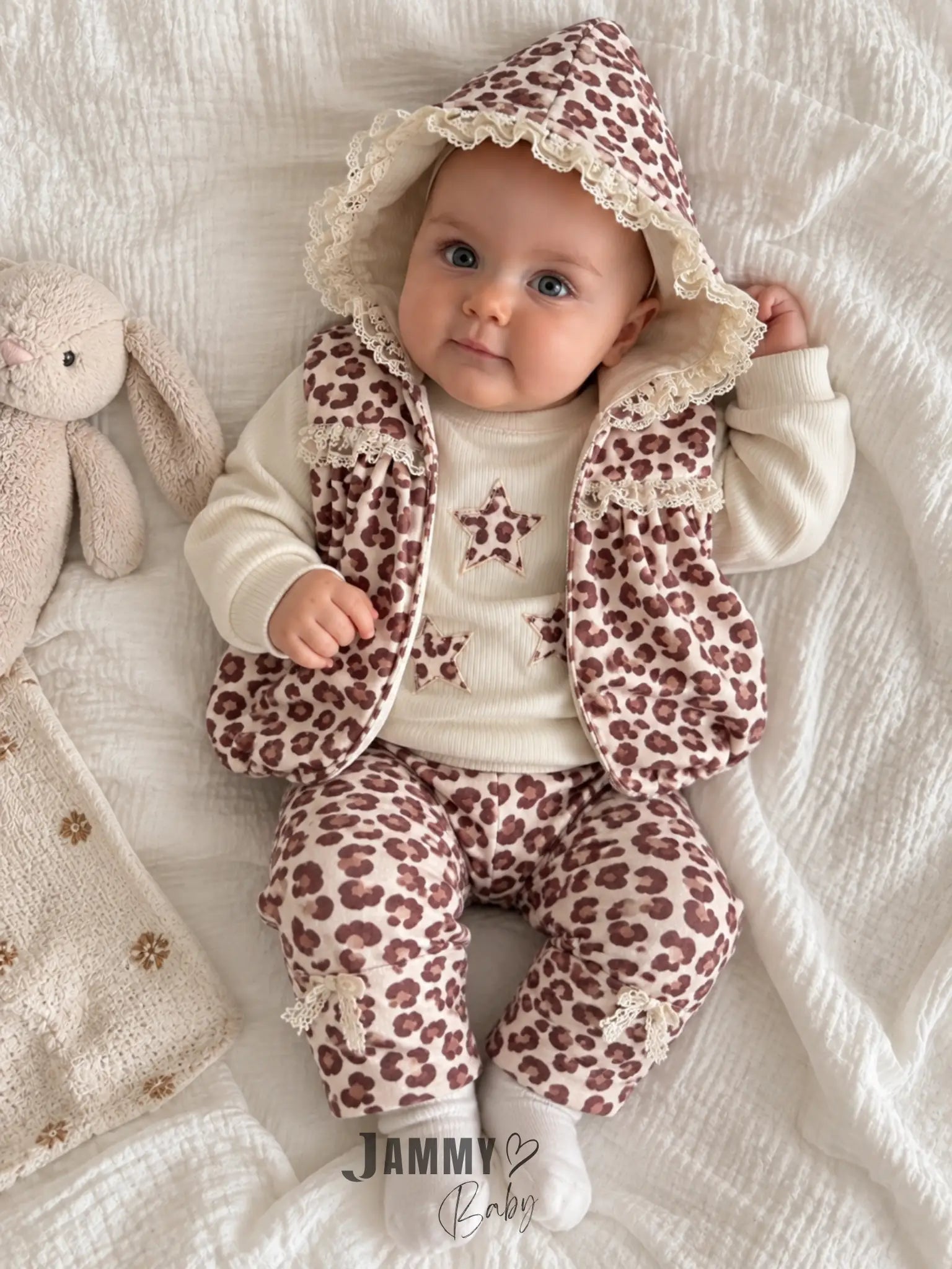 Stars Leopard Puffy Vest Set - Beige